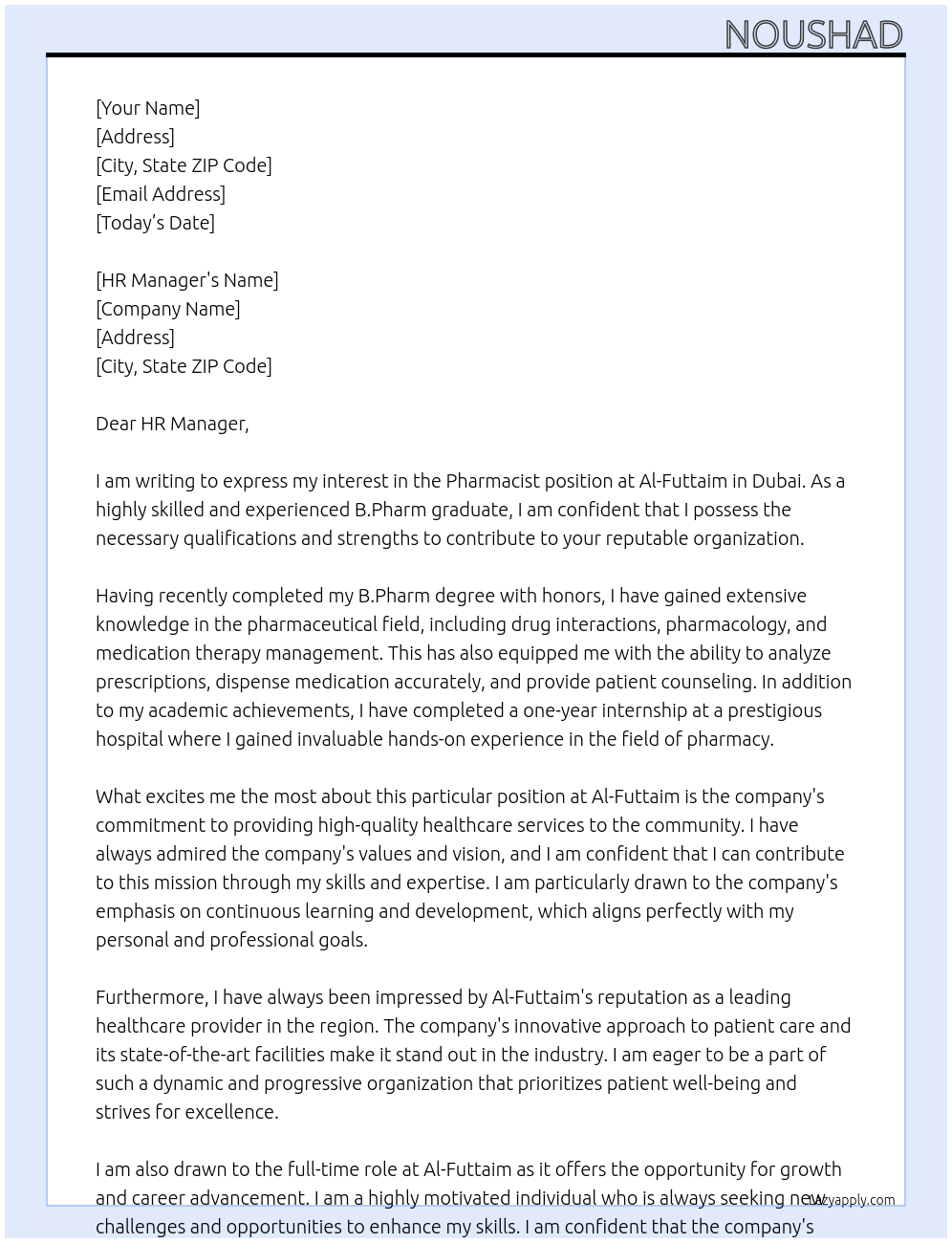 Pharmacist At Al -FUTTAIM Cover Letter
