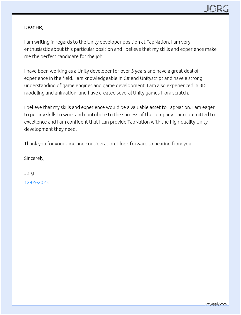 Unity developer At TapNation Cover Letter