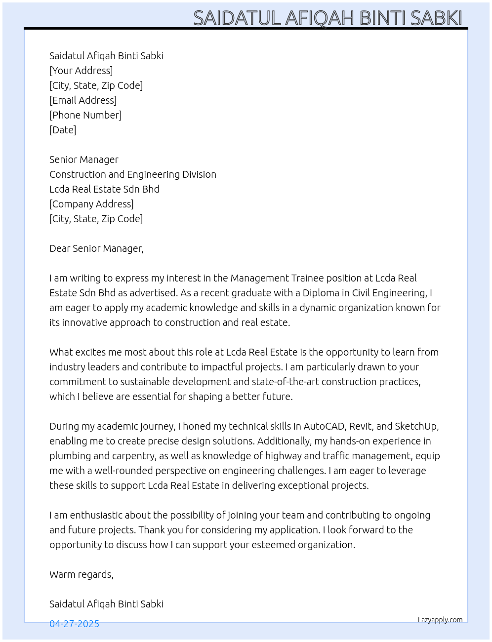 Cover letter for fresh graduate diploma civil engineering - LazyApply