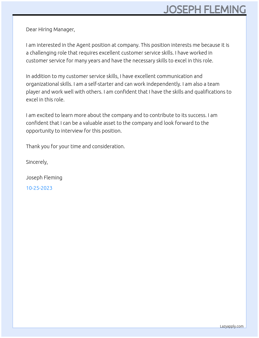 Agent At company Cover Letter