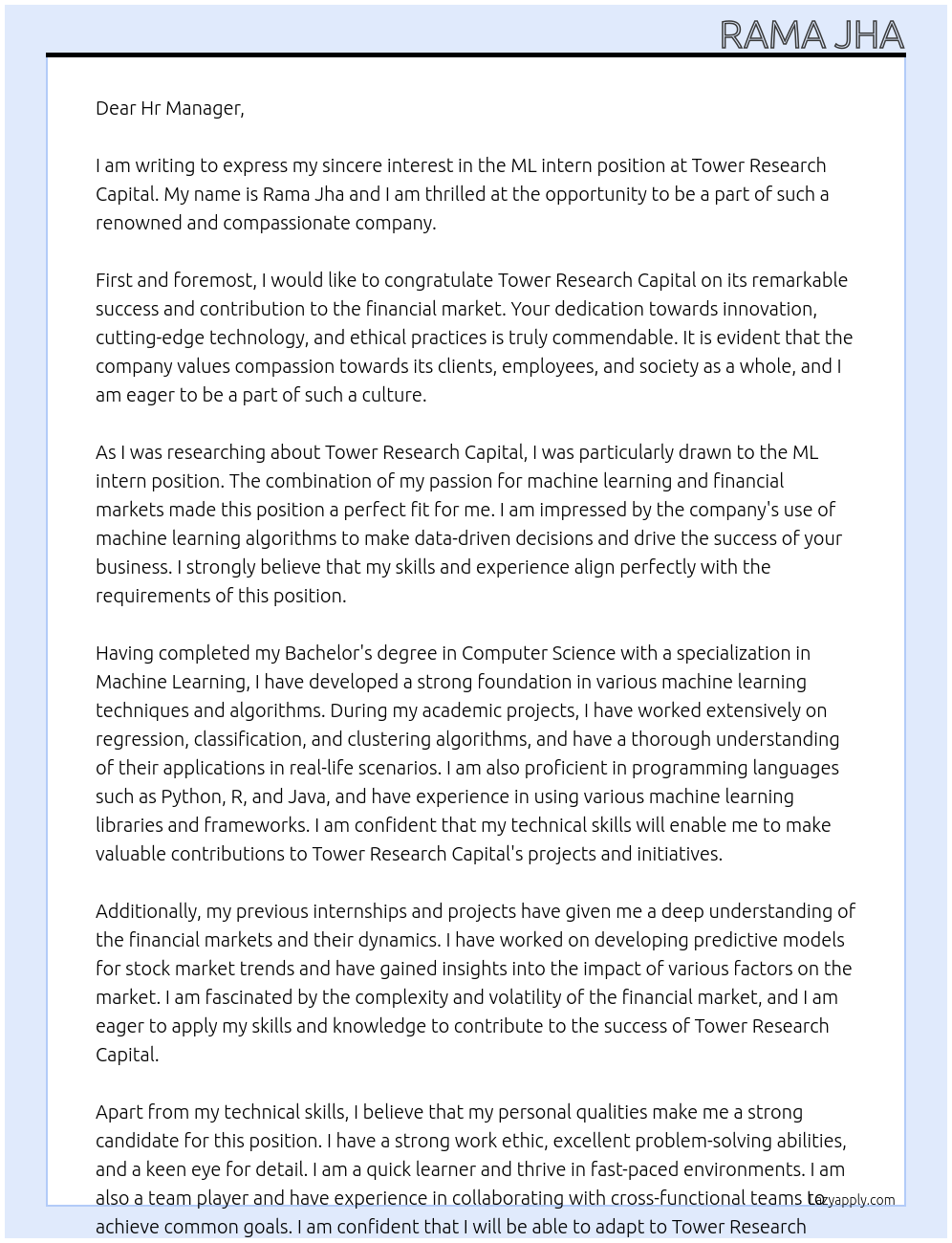 ML intern At Tower Research Capital Cover Letter