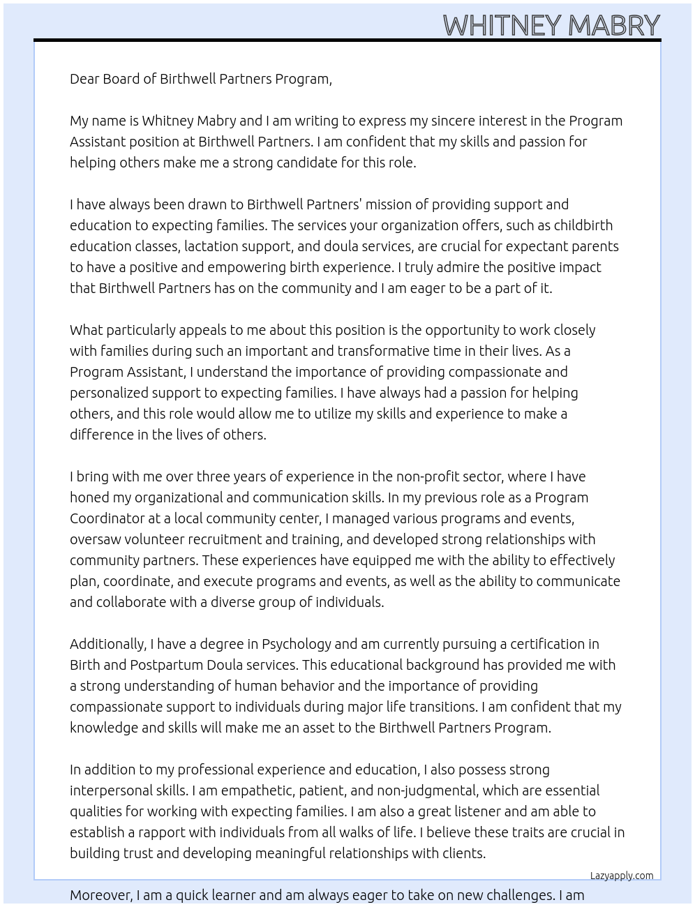 Program Assistant  At Birthwell Partners  Cover Letter