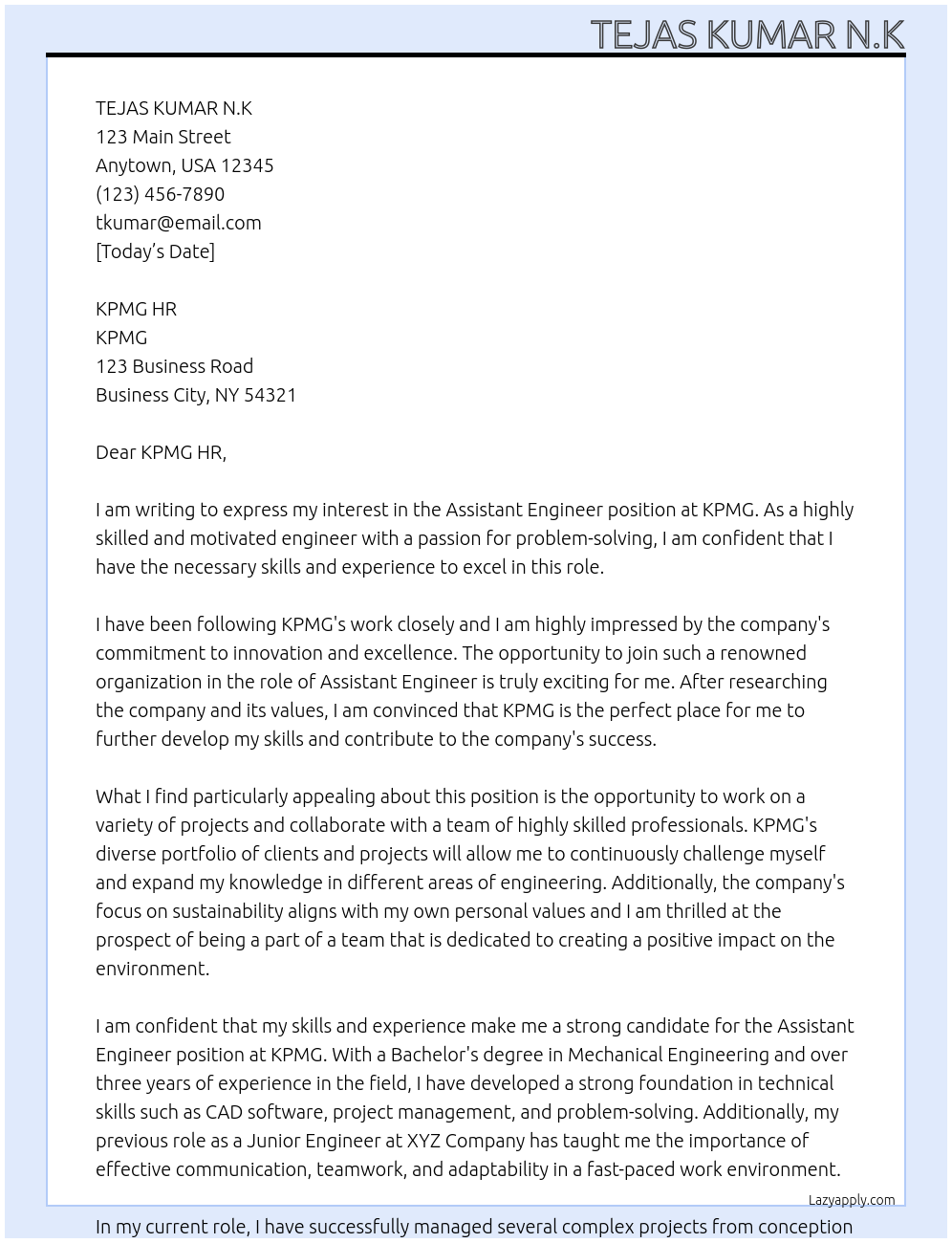 Assistant Engineer At KPMG Cover Letter