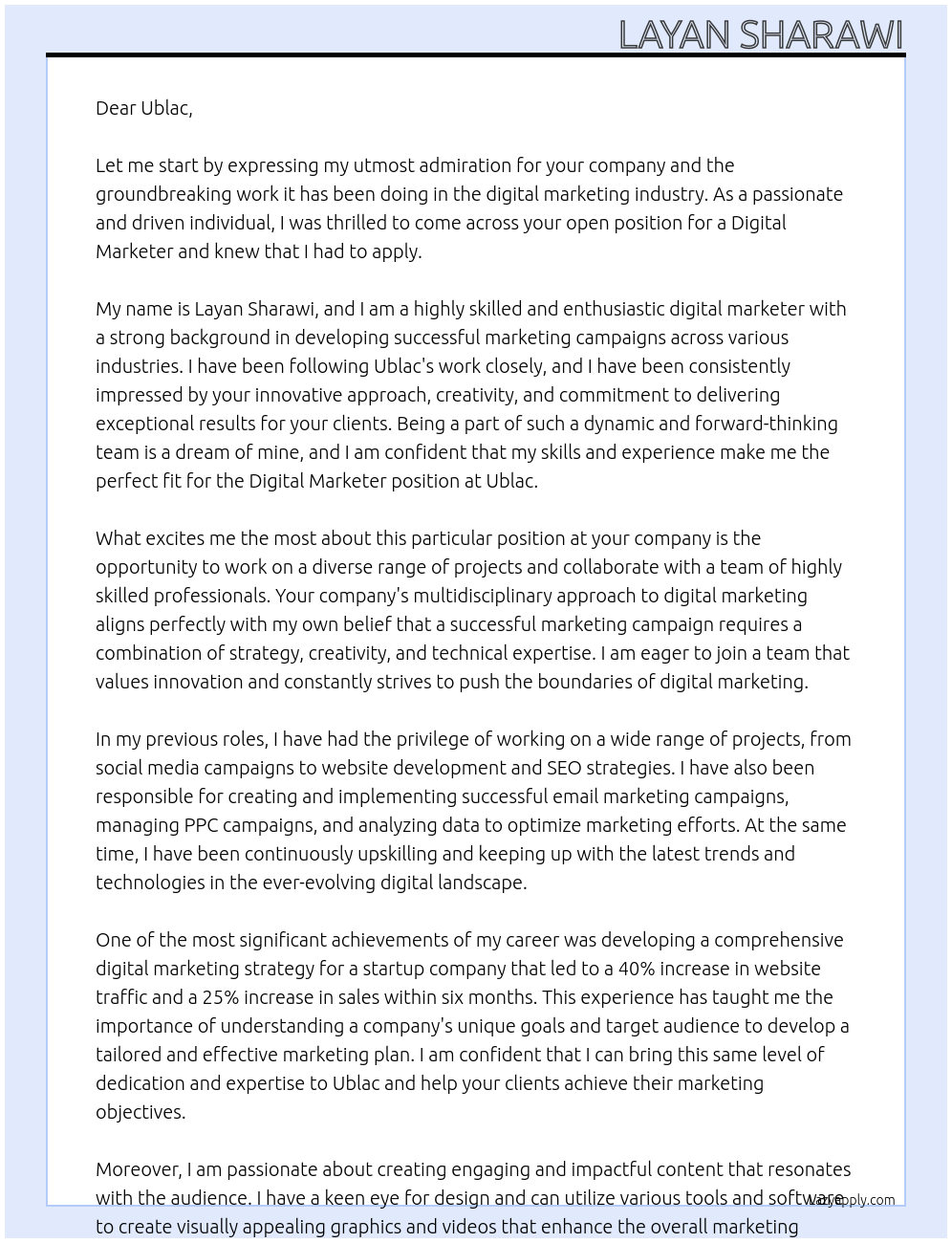 Digital marketer At Ublac Cover Letter