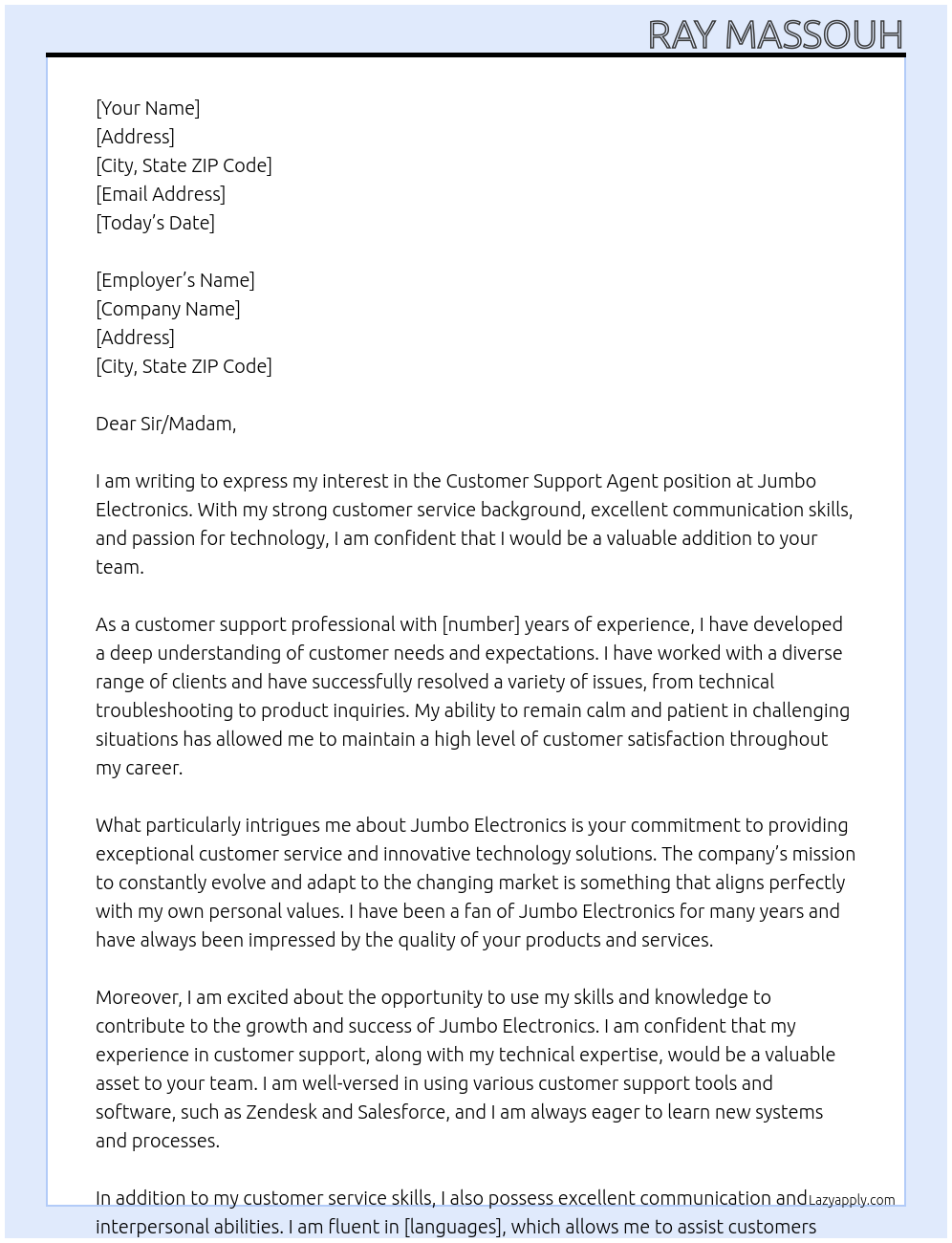 Customer Support Agent At Jumbo Electronics Cover Letter