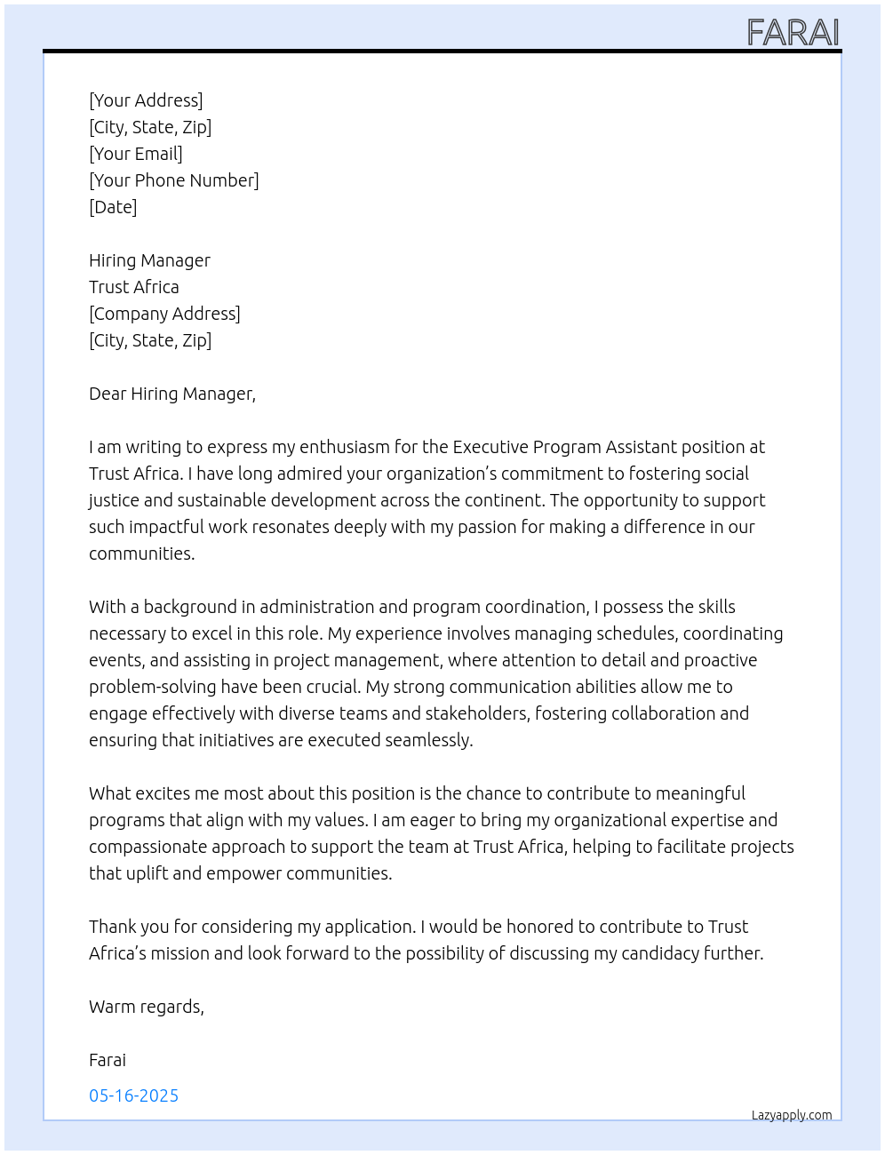 Cover letter for executive program assistant - LazyApply