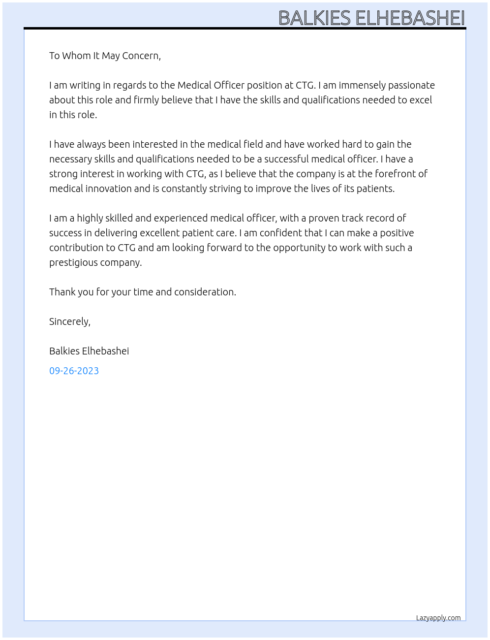  Medical Officer At CTG Cover Letter