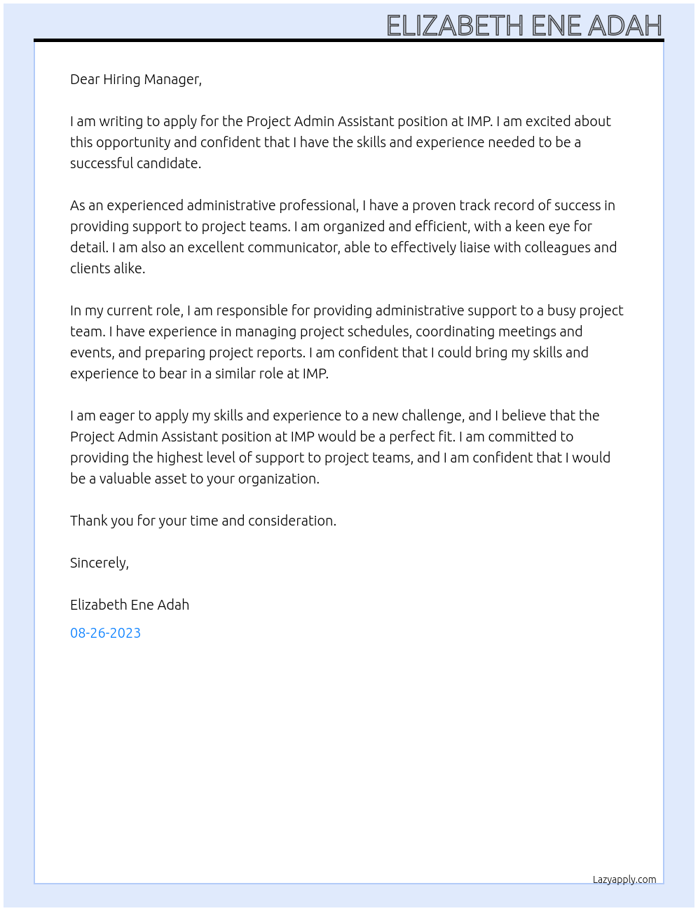 Project Admin Assistant  At IMP Cover Letter