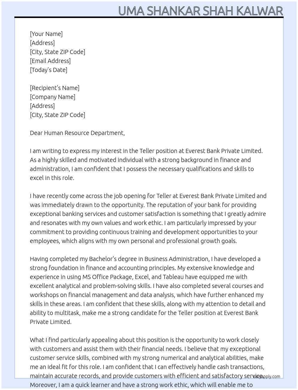 Teller At Everest Bank Private Limited Cover Letter