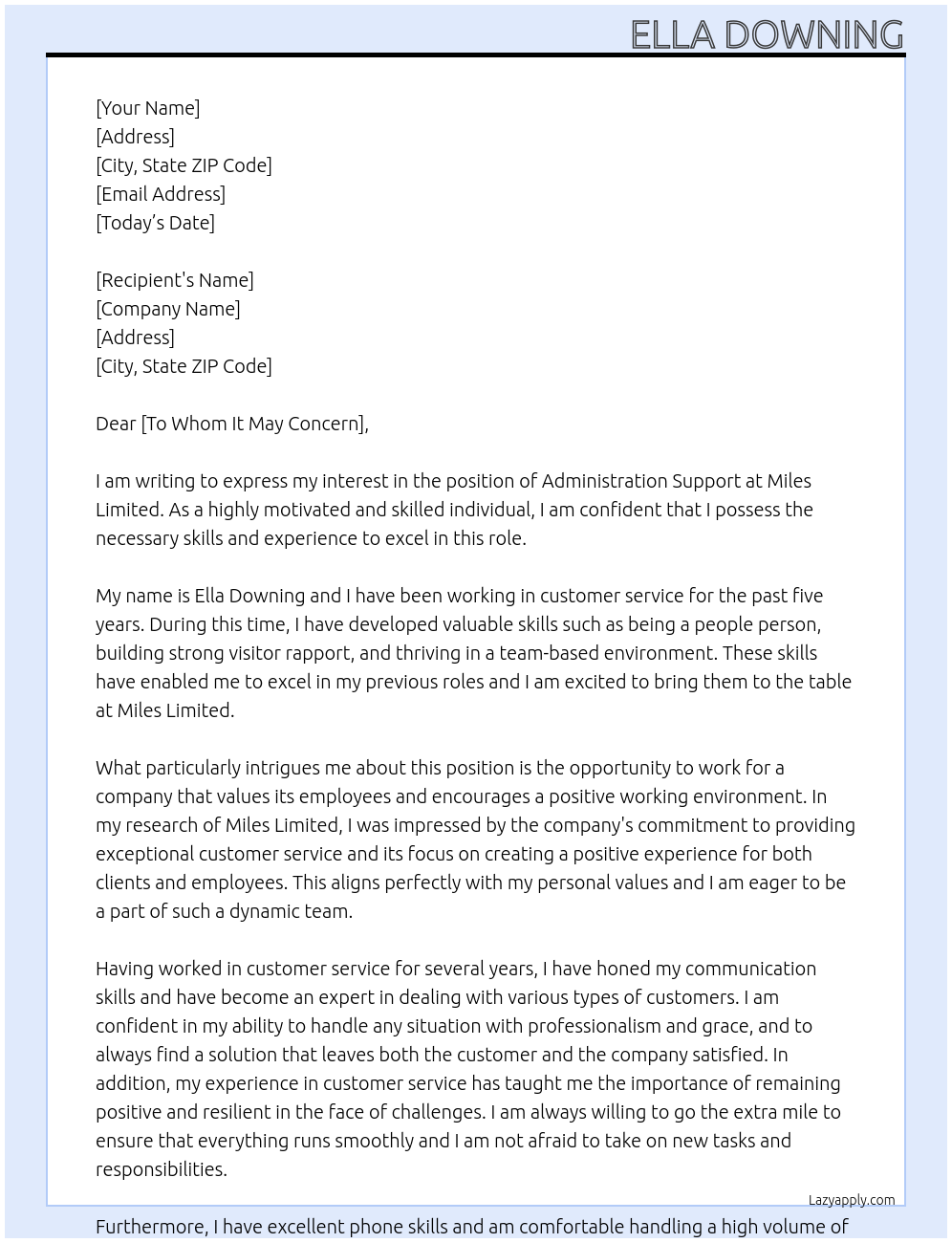 Administration support At Miles limited Cover Letter