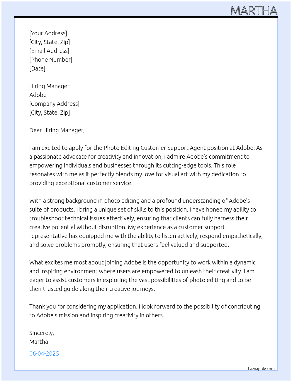 Photo editing customer support agent At Adobe Cover Letter
