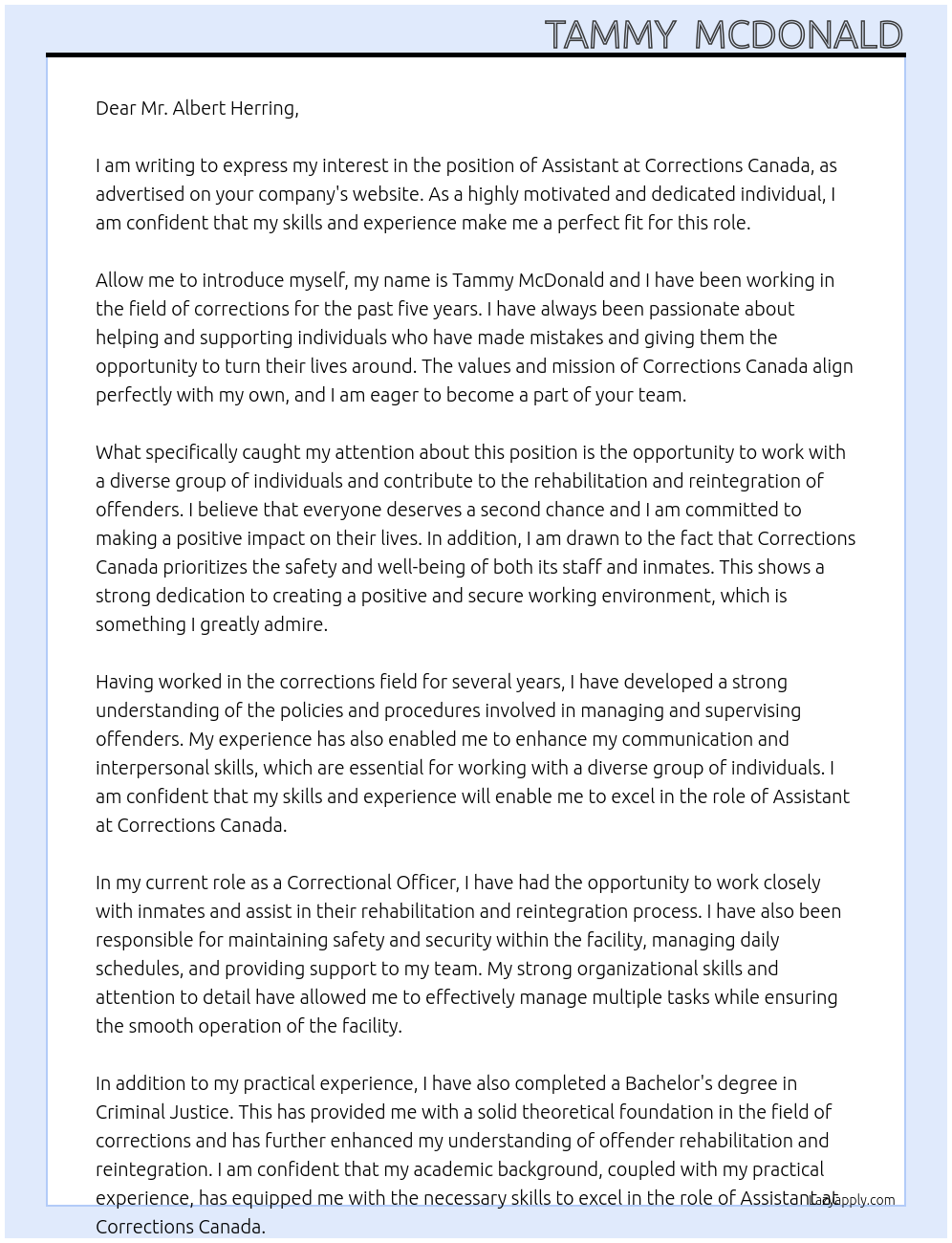 assistant At corrections canada Cover Letter