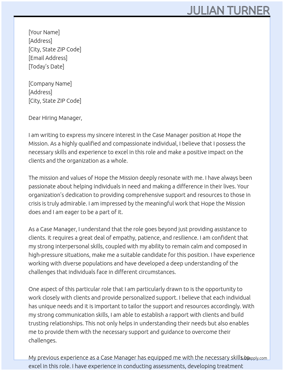 Case manager At Hope the Mission Cover Letter