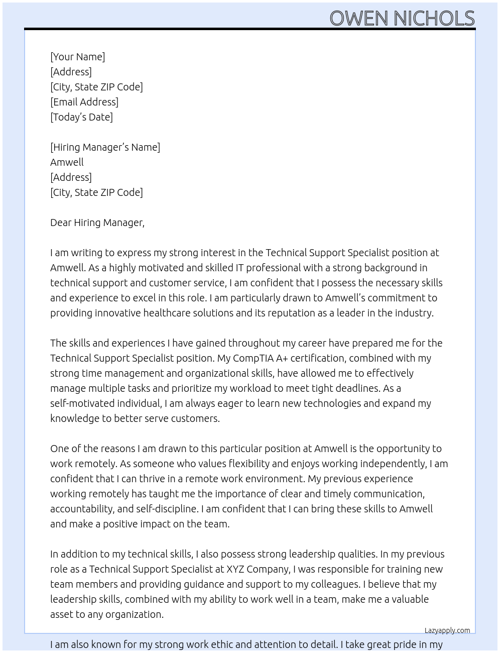 Technical Support Specialist At Amwell Cover Letter