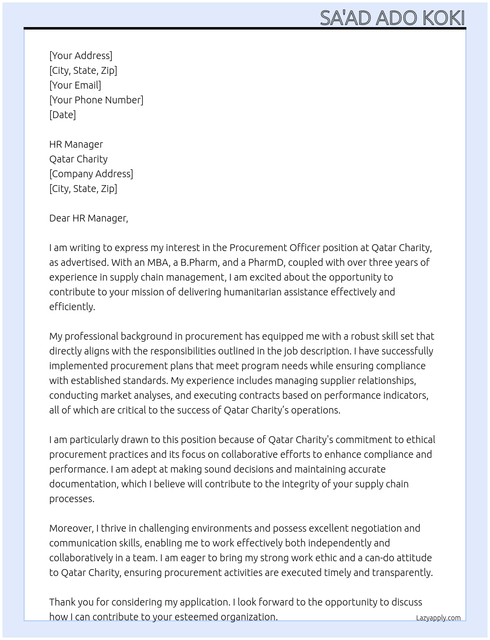Procurement Officer At Qatar Charity Cover Letter
