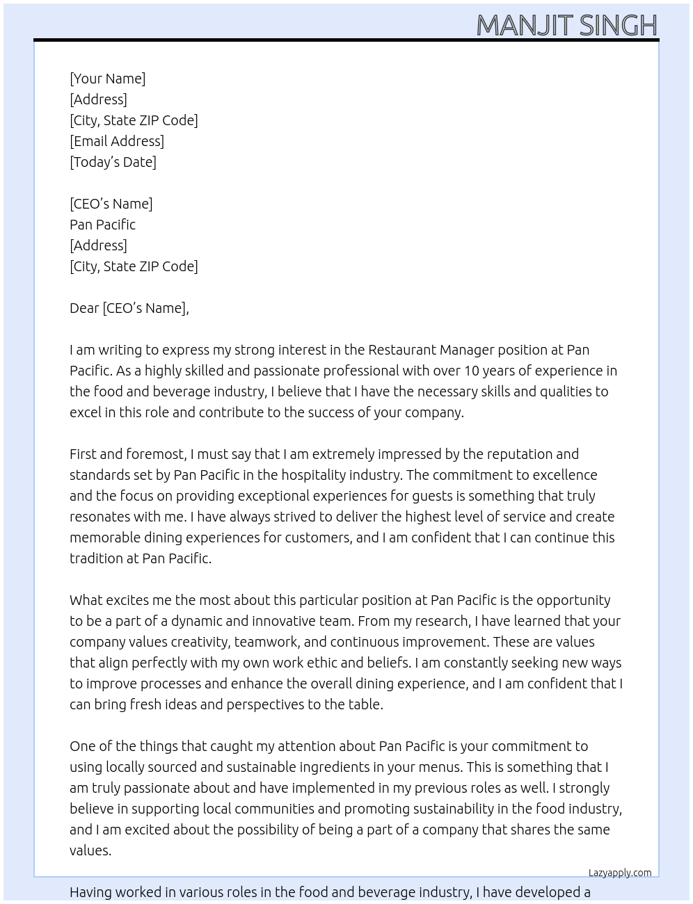 Restaurant manager At Pan Pacific Cover Letter