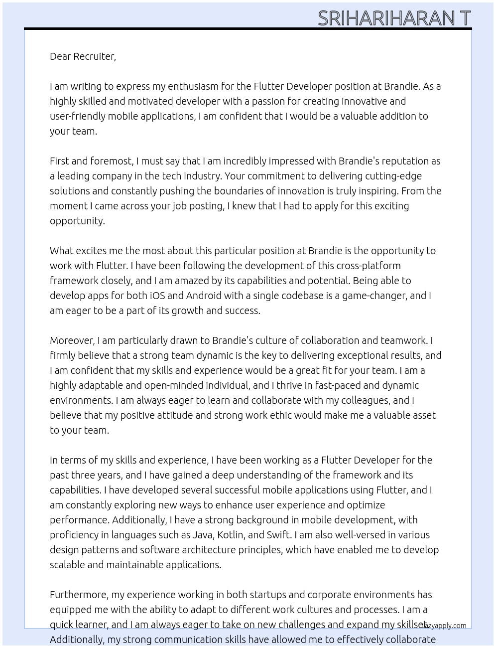 Flutter Developer At Brandie Cover Letter