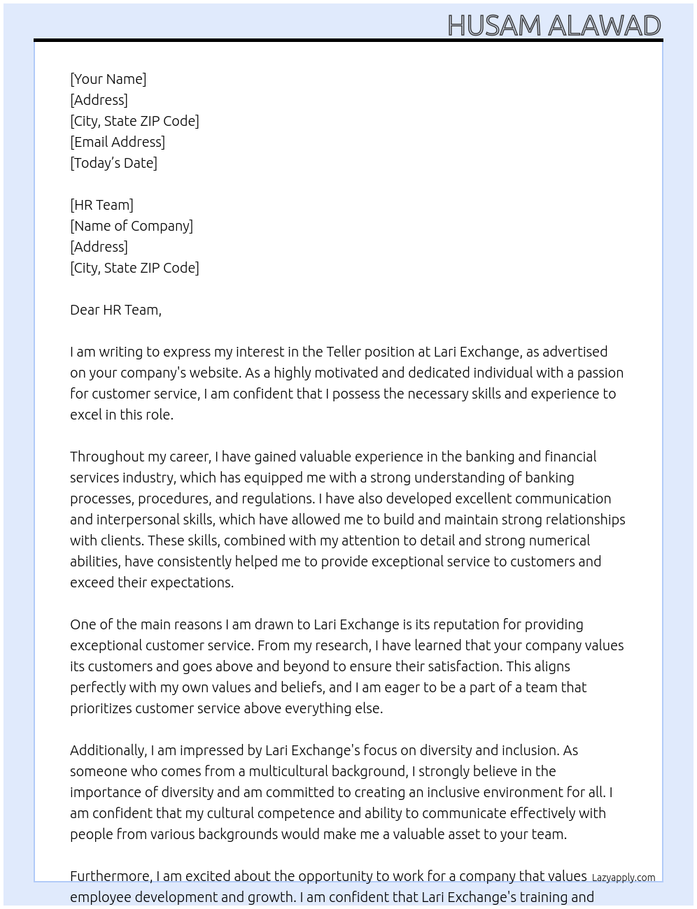 Teller At Lari Exchange Cover Letter