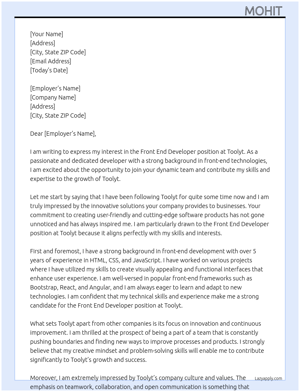 Front end developer At Toolyt Cover Letter