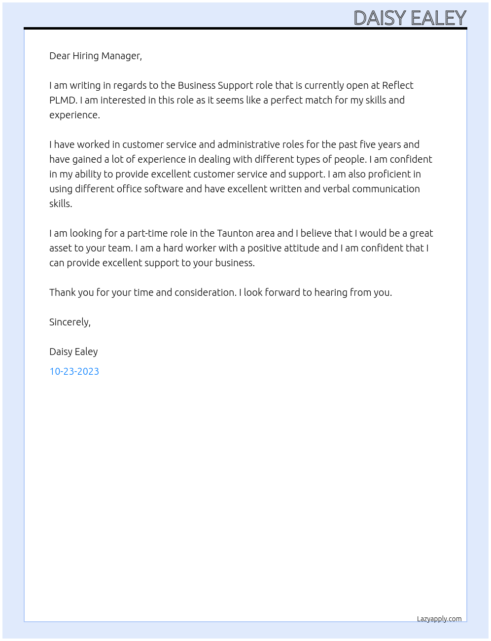 Business support  At Reflect PLMD  Cover Letter