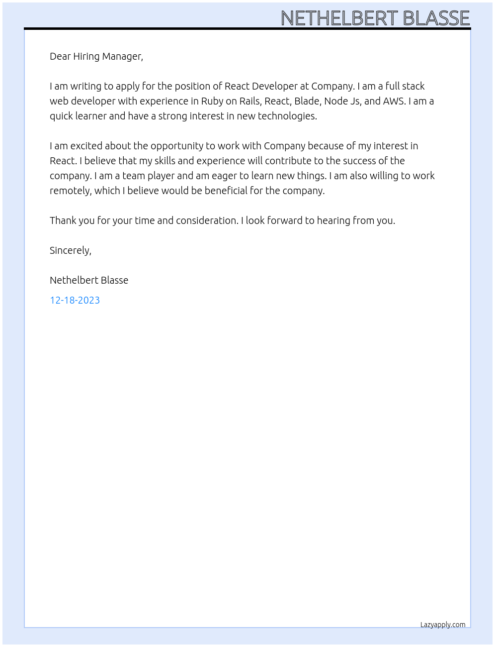 React Developer At Company Cover Letter