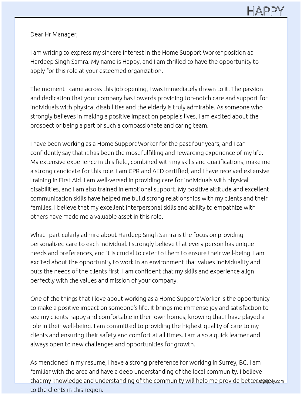 Home support worker At Hardeep Singh Samra Cover Letter