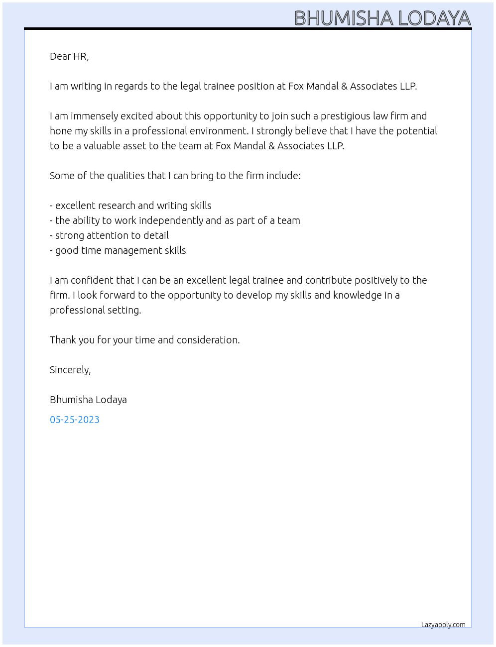 Legal trainee  At Fox Mandal & Associates LLP Cover Letter