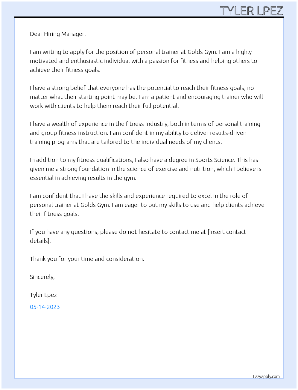 personal trainer At Golds Gym Cover Letter