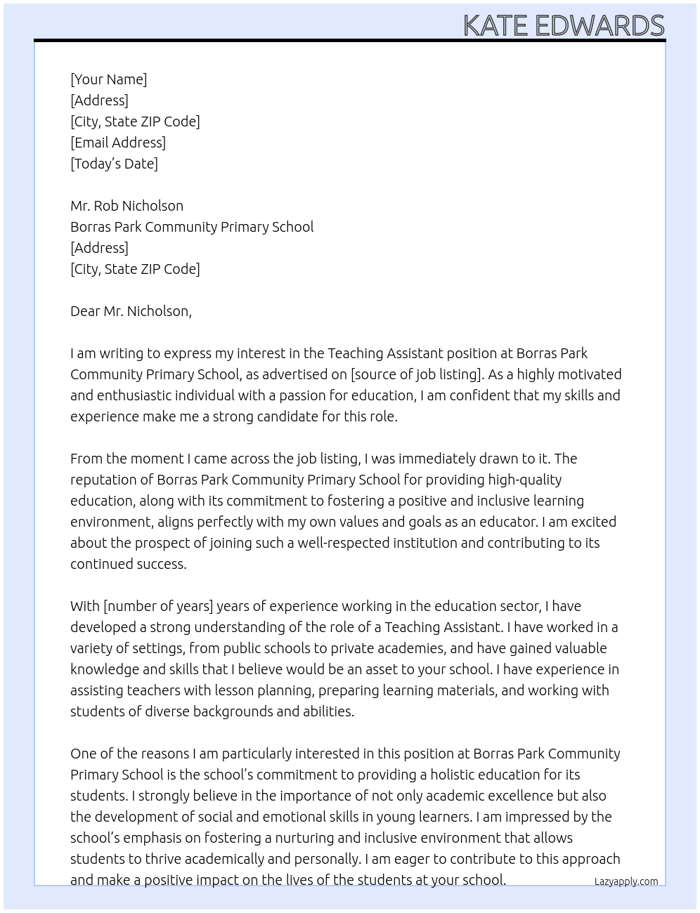 Teaching Assistant At Borras Park Community Primary School Cover Letter