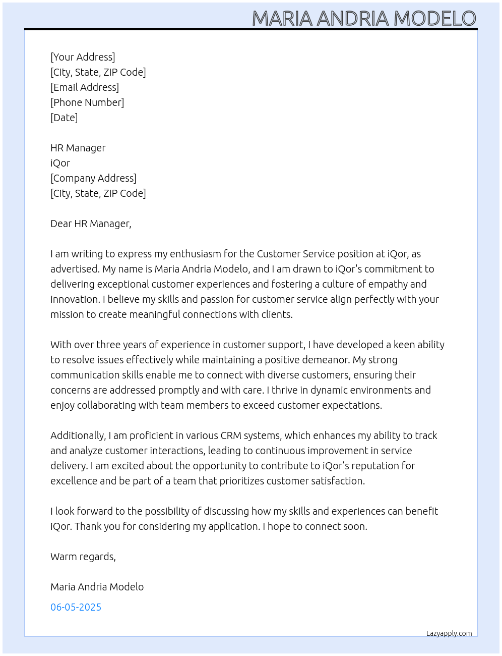 CUSTOMER SERVICE At iQor Cover Letter