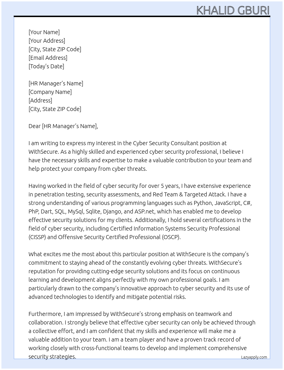 Cyber Security Consultant At WithSecure Cover Letter