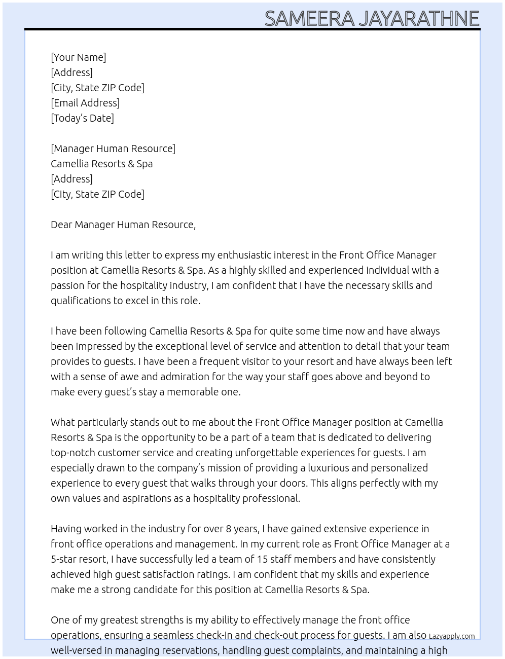 Front Office Manager At Camellia Resorts & Spa Cover Letter