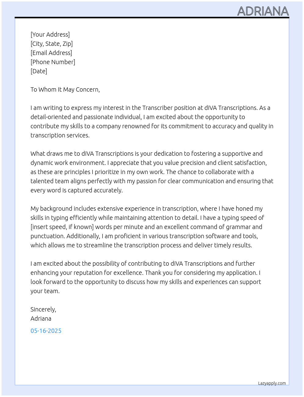 Transcriber At diVA Transcriptions Cover Letter
