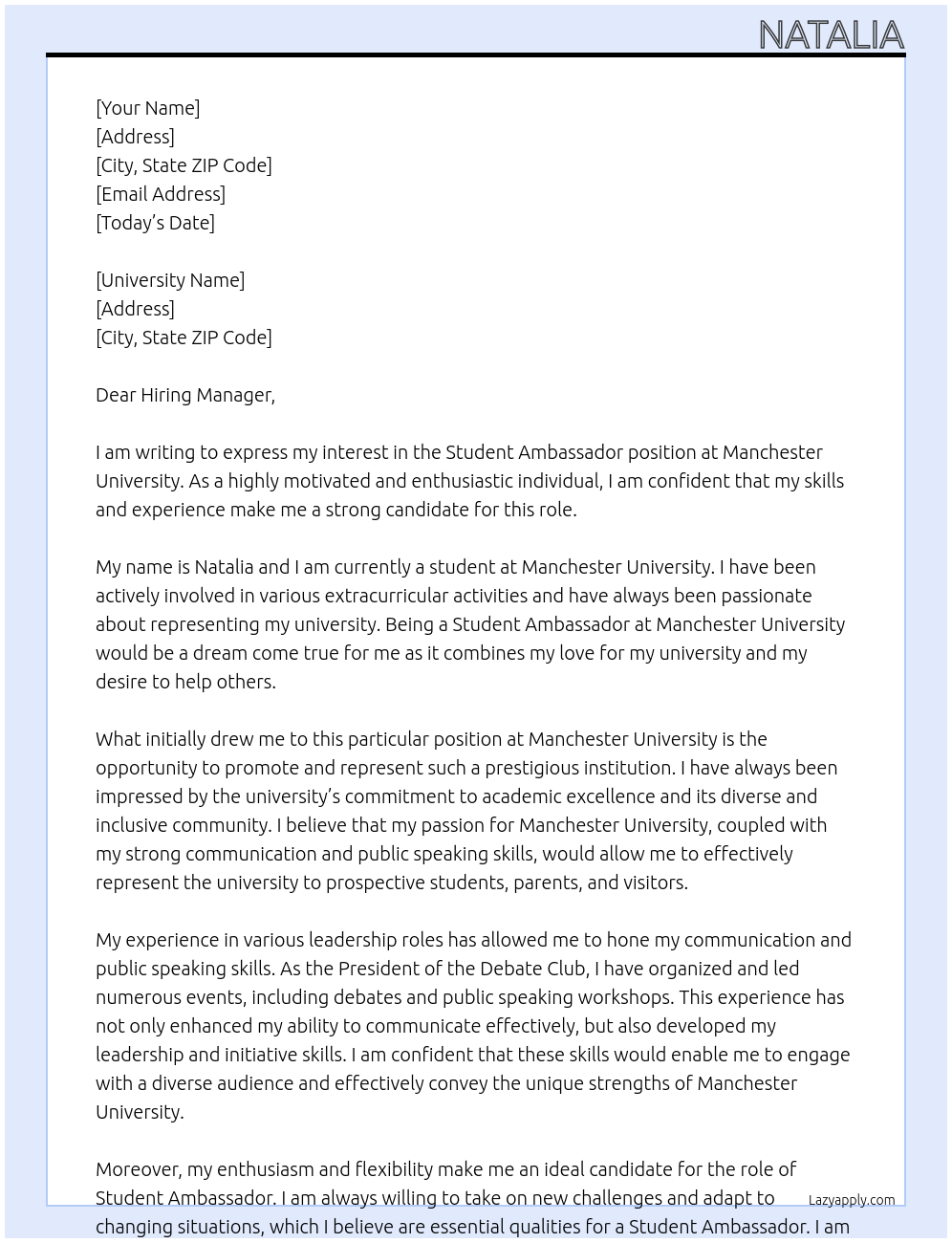 Student ambassador At Manchaster university Cover Letter