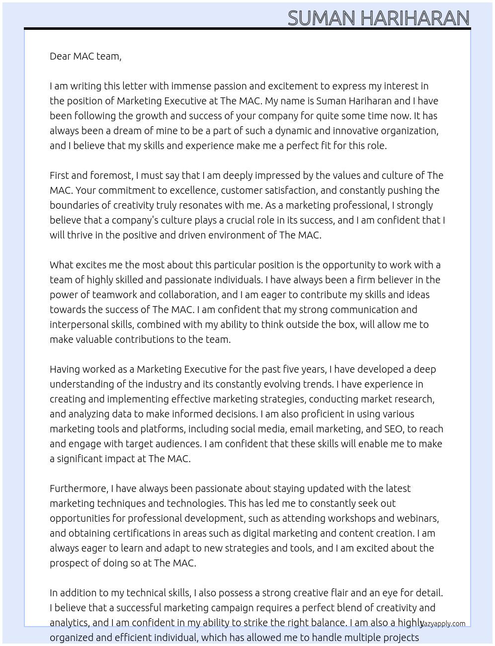 Marketing Executive At The MAC Cover Letter