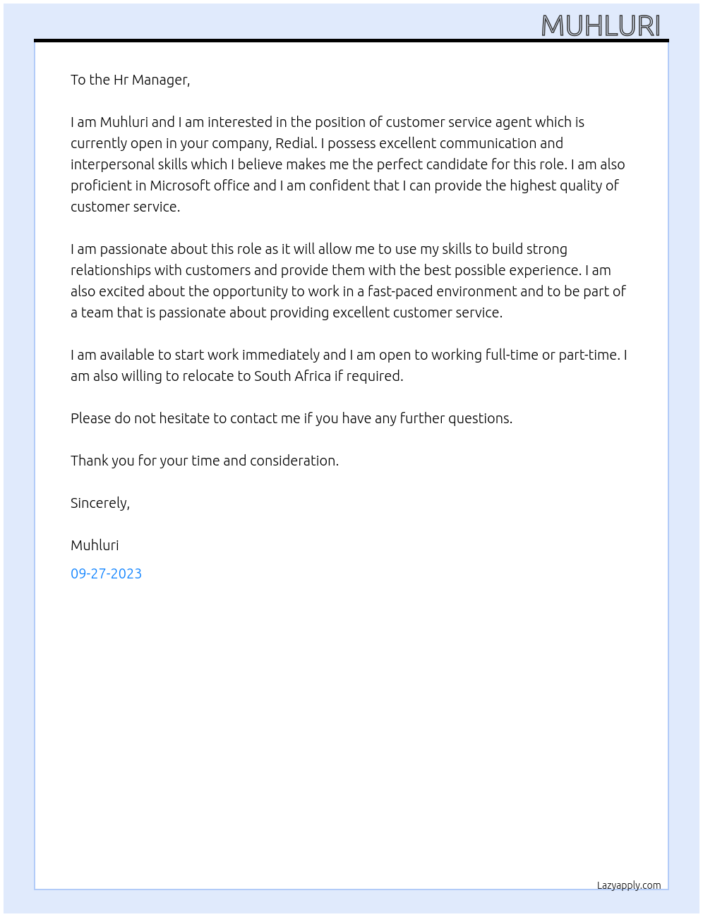 Customer service agent  At Redial Cover Letter