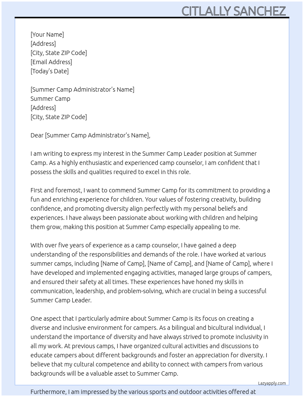 Summer Camp Leader  At Summer Camp  Cover Letter