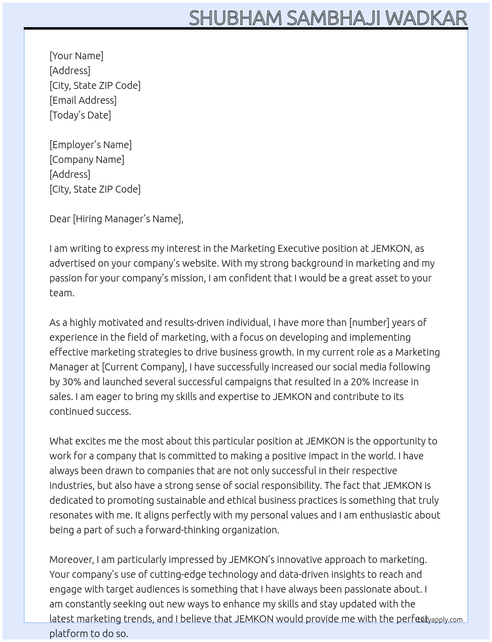 Marketing Executive  At JEMKON  Cover Letter