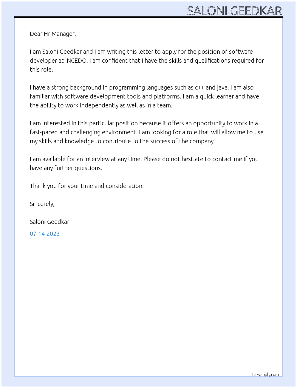 software developer At INCEDO Cover Letter