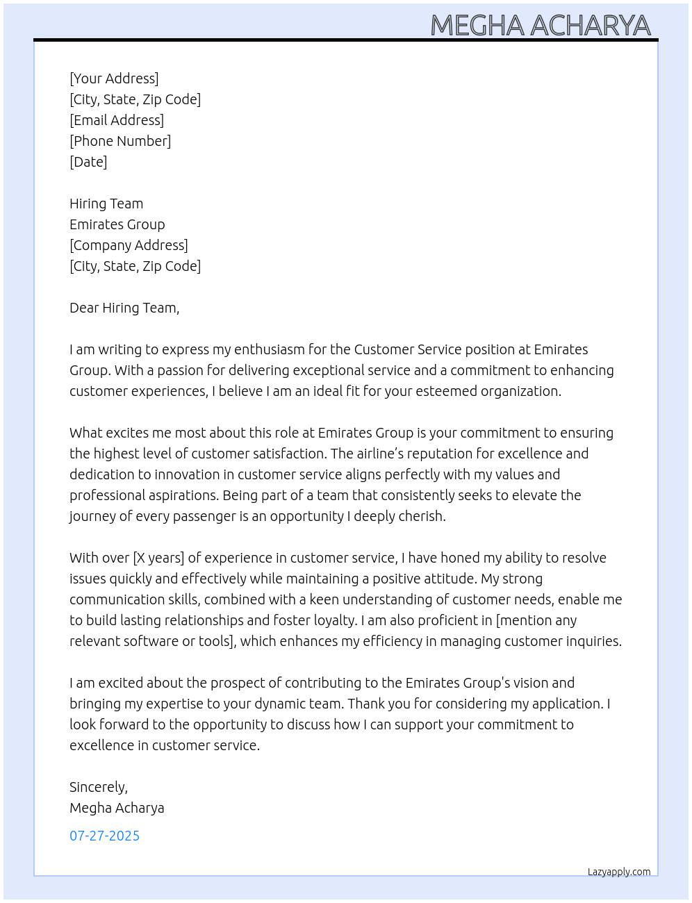 Customer service At Emirates group Cover Letter