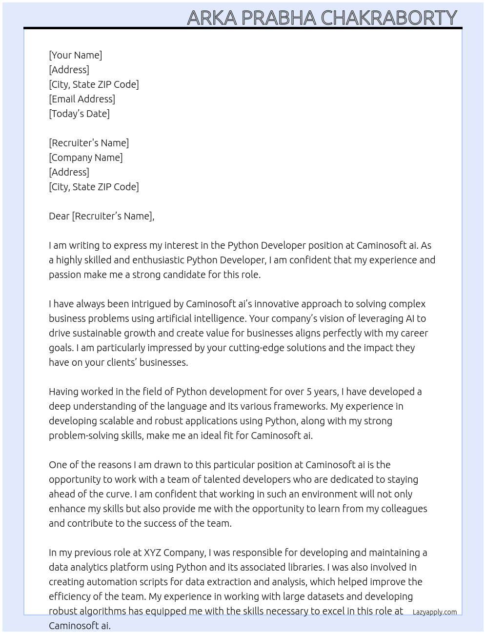 Python developer At Caminosoft ai Cover Letter