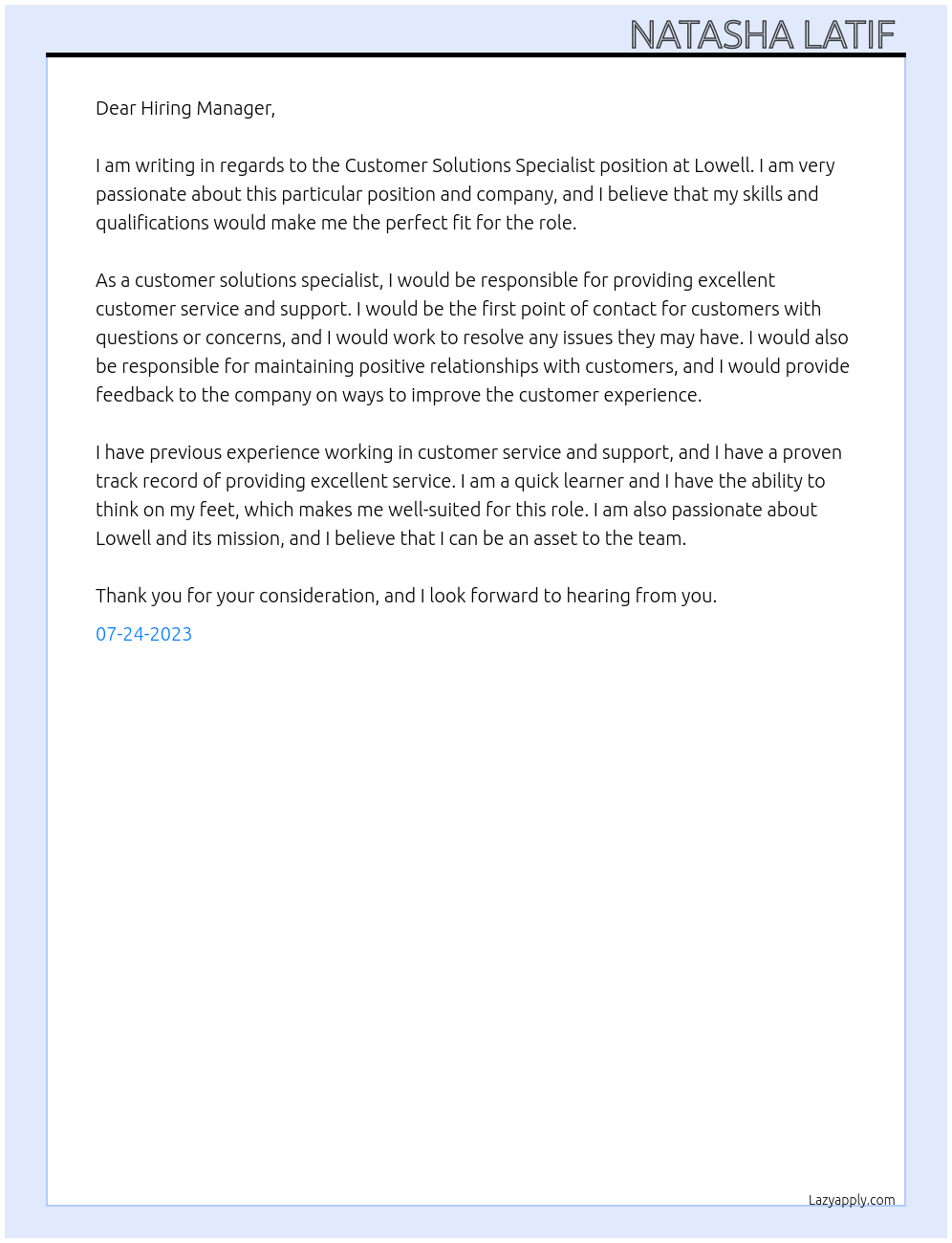 Customer solutions specialist At Lowell Cover Letter