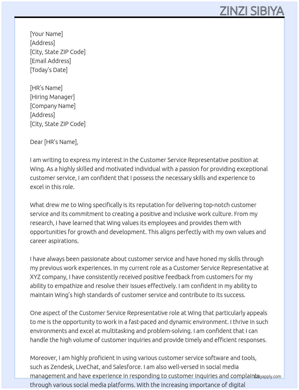 customer service rep At wing Cover Letter