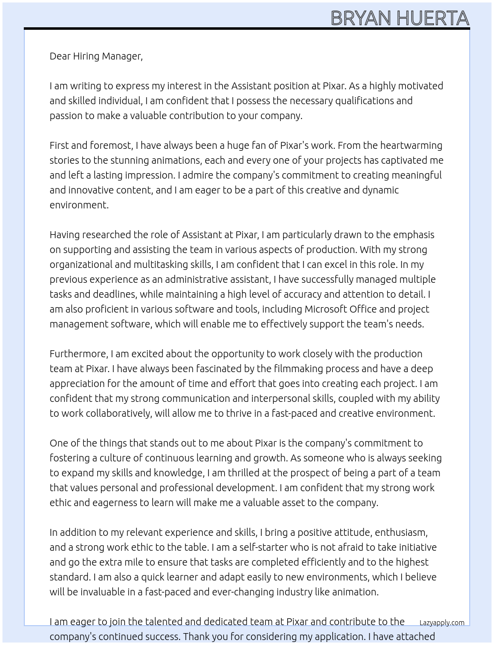 Assistant At Pixar Cover Letter