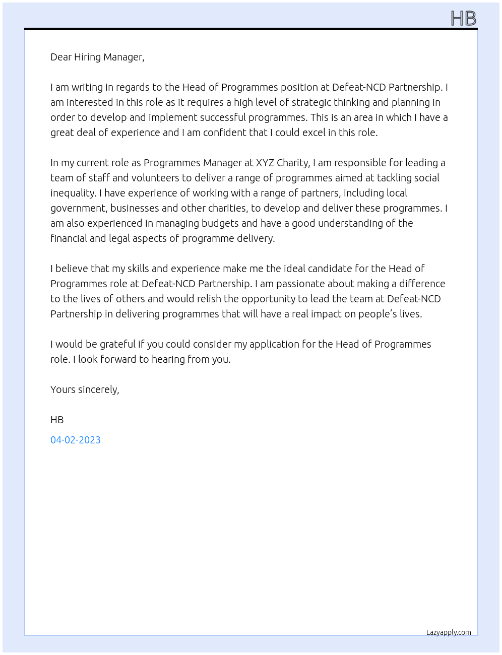 Head of Programmes At Defeat-NCD Partnership Cover Letter