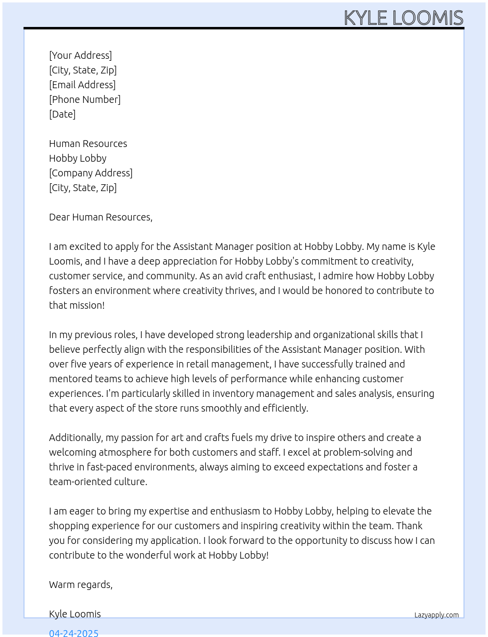Assistant Manager At Hobby Lobby Cover Letter