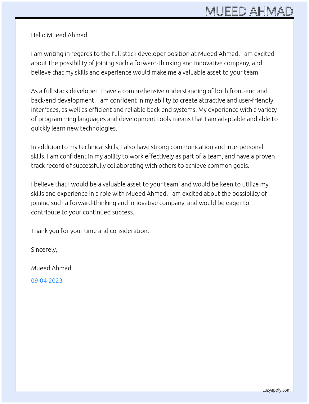 full stack developer At Mueed Ahmad Cover Letter