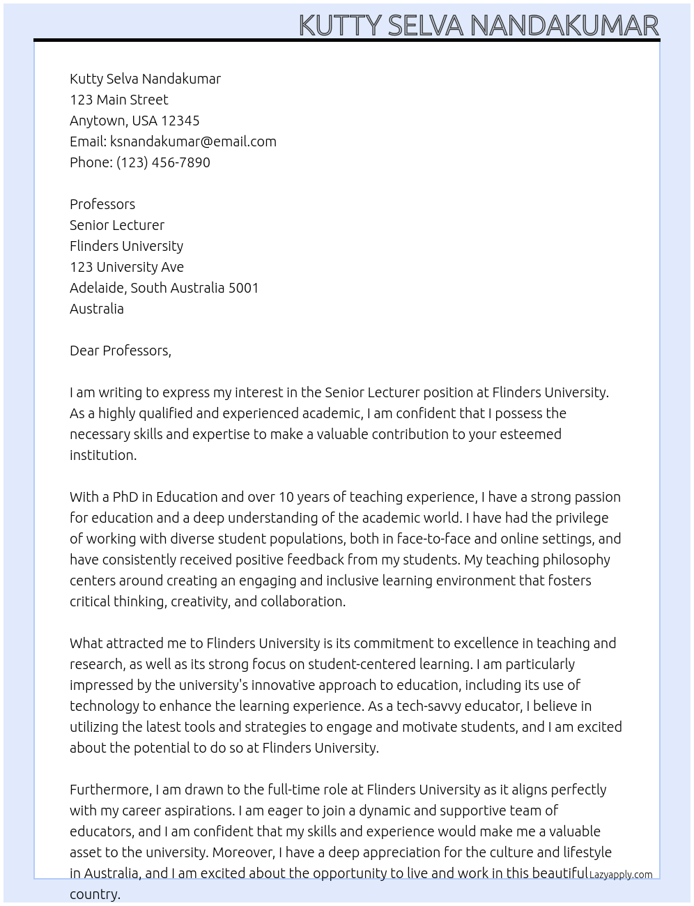Senior Lecturer At Flinders University Cover Letter