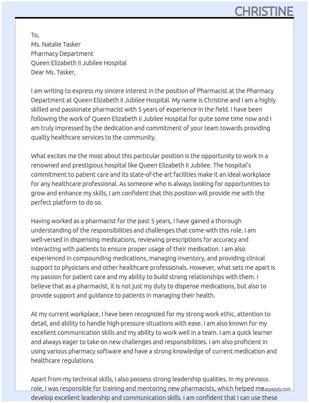 PHARMACIST At Pharmacy Department at Queen Elizabeth II Jubilee Hospital Cover Letter