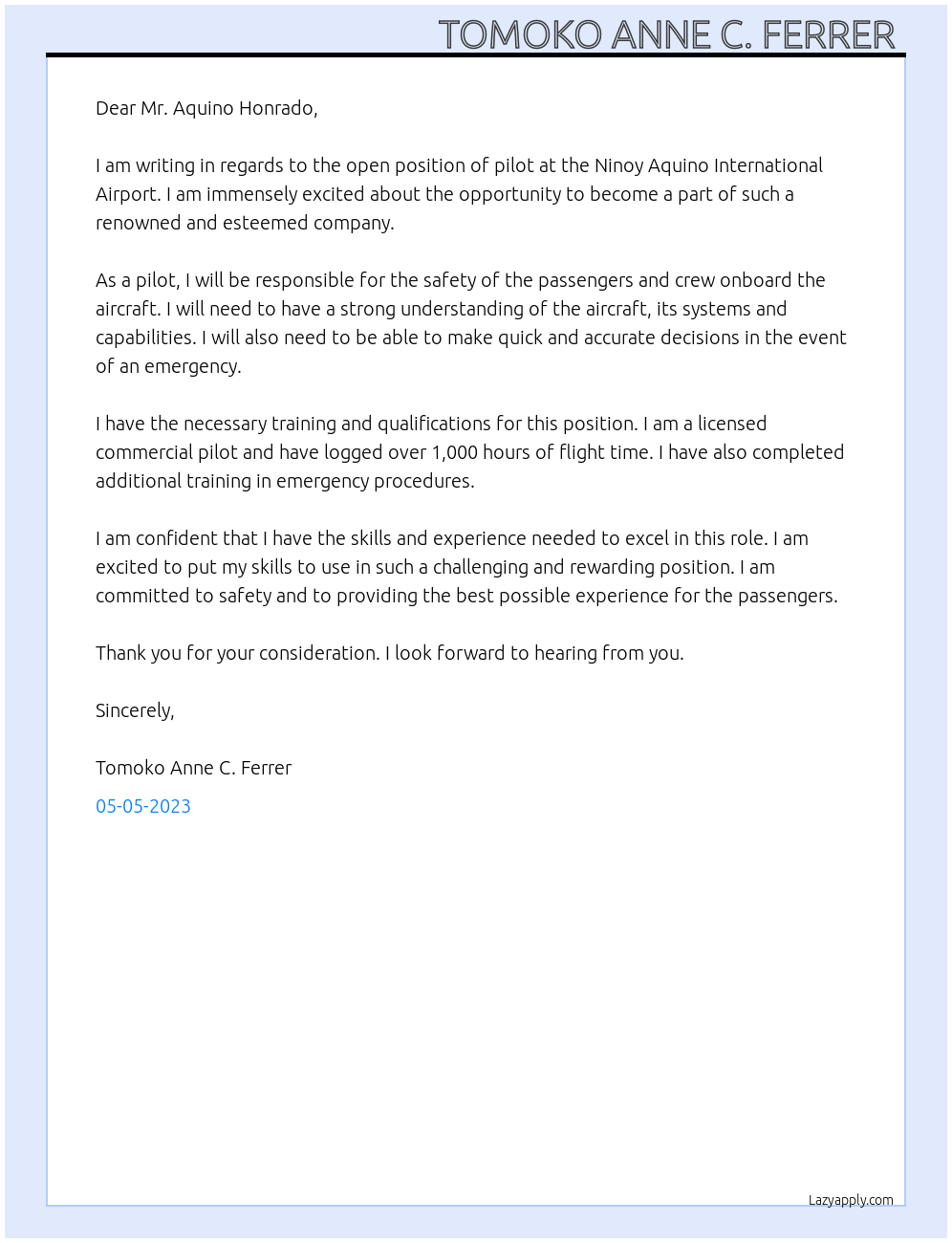 Pilot At Ninoy Aquino International Airport  Cover Letter